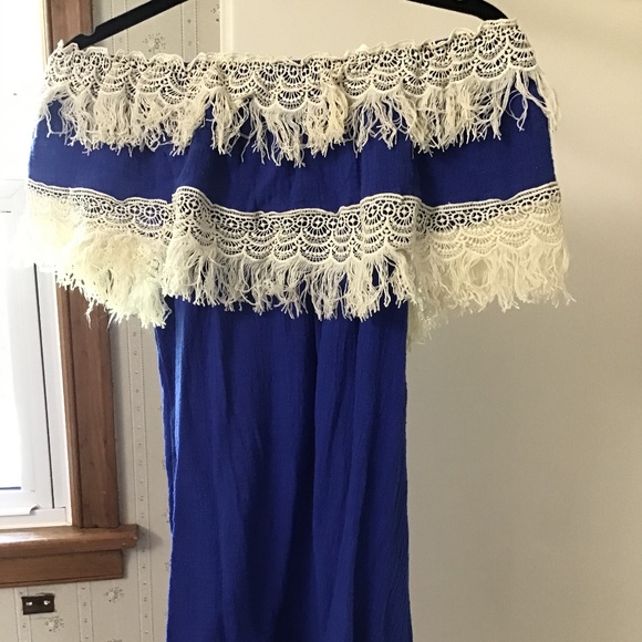 Cobalt Blue Off The Shoulder Dress Beige Fringe - Picture 4 of 5